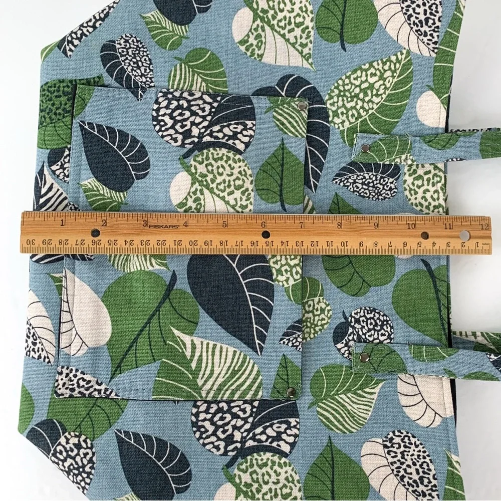 Canvas leaf tote bag large handmade tote blue with green, white & black leaves